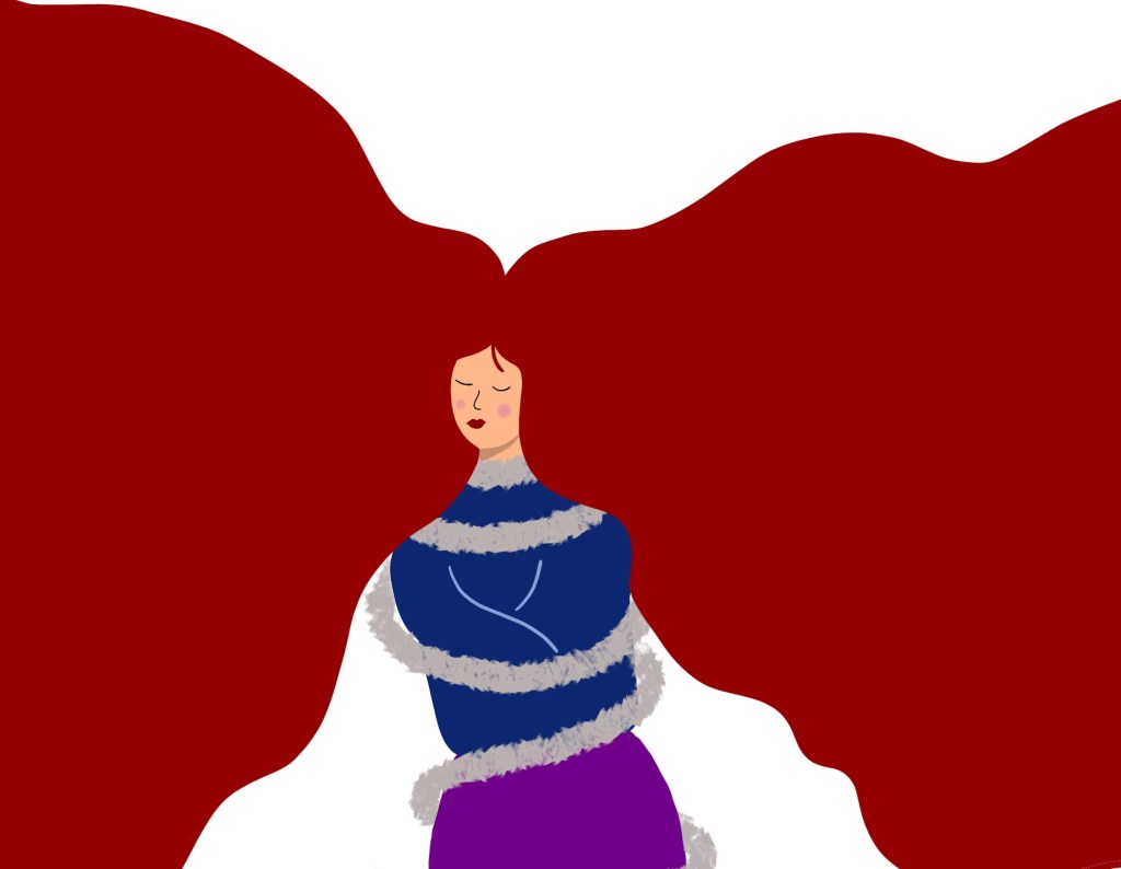 Illustration of a lady with red hair, a blue top and a purple skirt. Her arms are bound and a chain wraps around her body